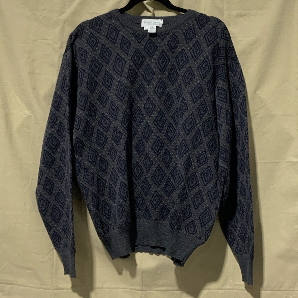 Men's Gray and Blue Diamond Patterned Sweater